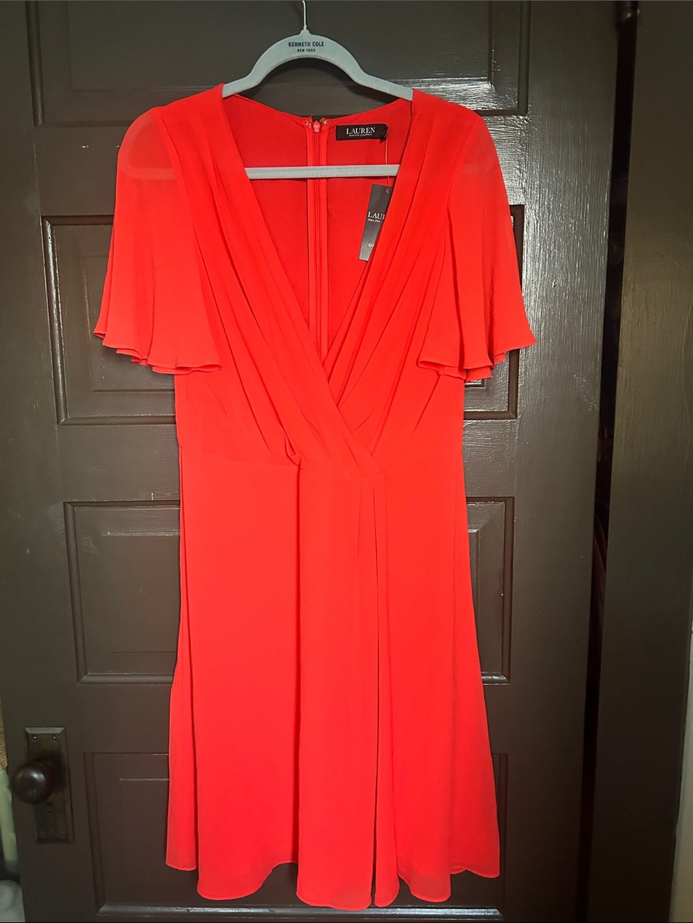 Lauren Ralph Lauren Red V-Neck Flutter-Sleeve Midi Dress
